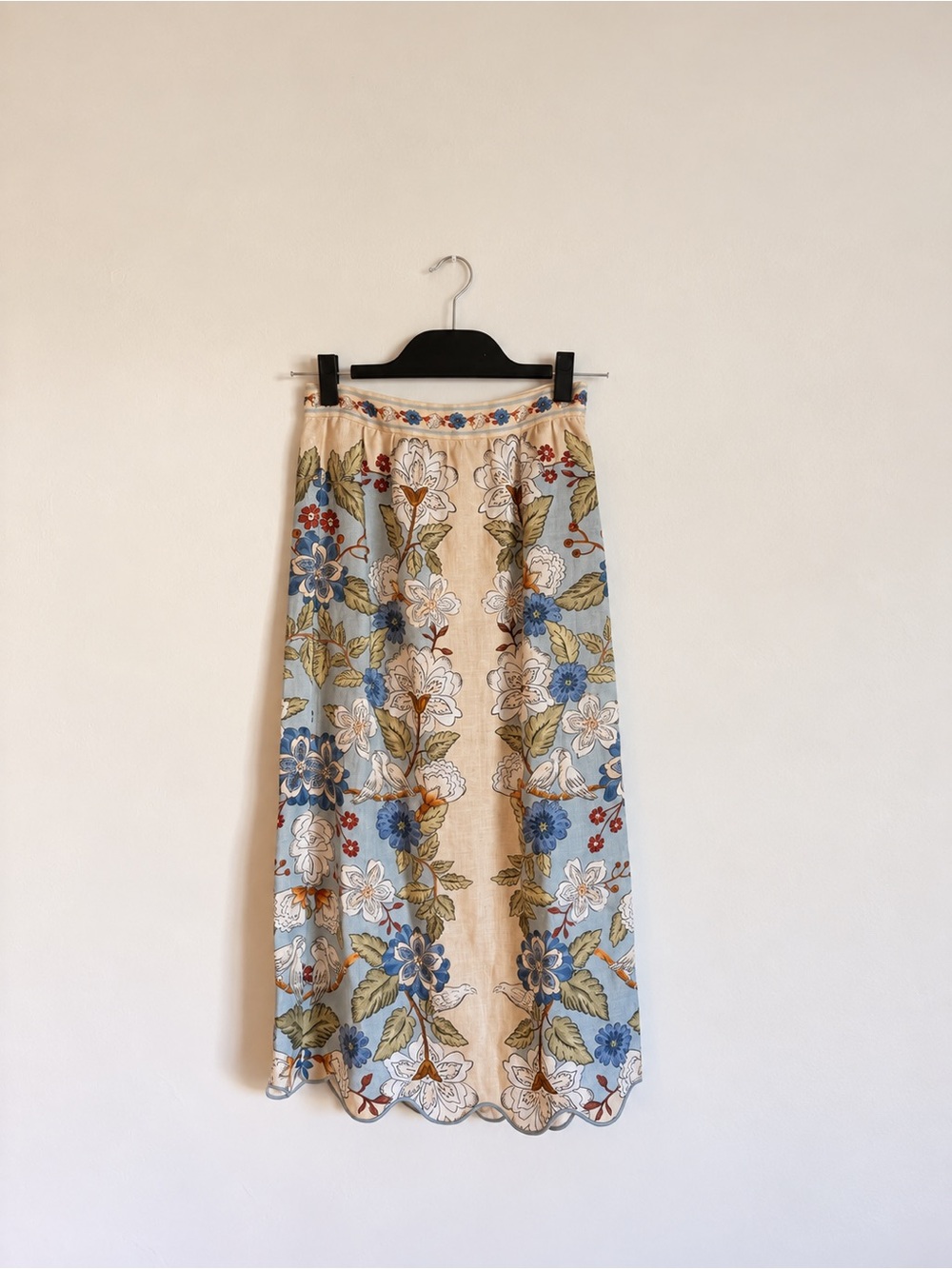 Farm Rio Garden Scarf Blue Floral Linen Midi Skirt Size XXS